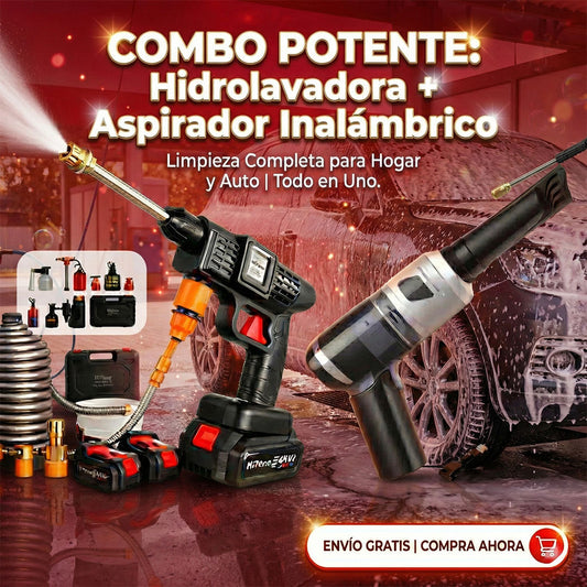 COMBO POWER CLEAN: HIDROLAVADORA + ASPIRADORA PORTÁTIL + 4 REGALOS (DOBLE BATERÍA + MALETÍN)