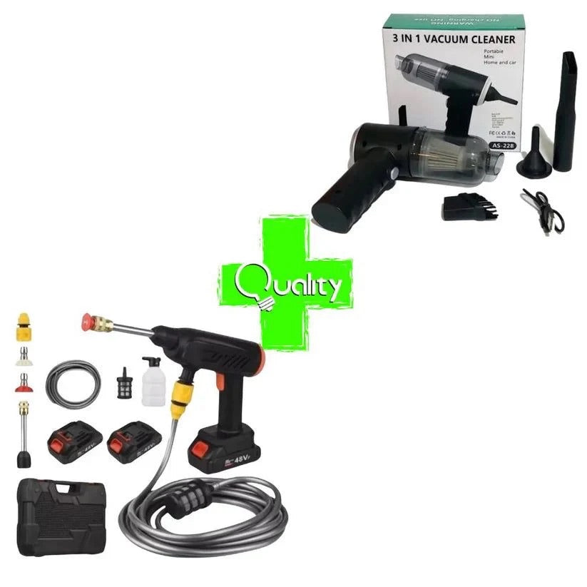 COMBO POWER CLEAN: HIDROLAVADORA + ASPIRADORA PORTÁTIL + 4 REGALOS (DOBLE BATERÍA + MALETÍN)