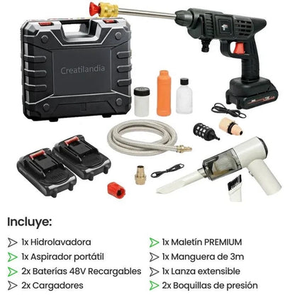 COMBO POWER CLEAN: HIDROLAVADORA + ASPIRADORA PORTÁTIL + 4 REGALOS (DOBLE BATERÍA + MALETÍN)